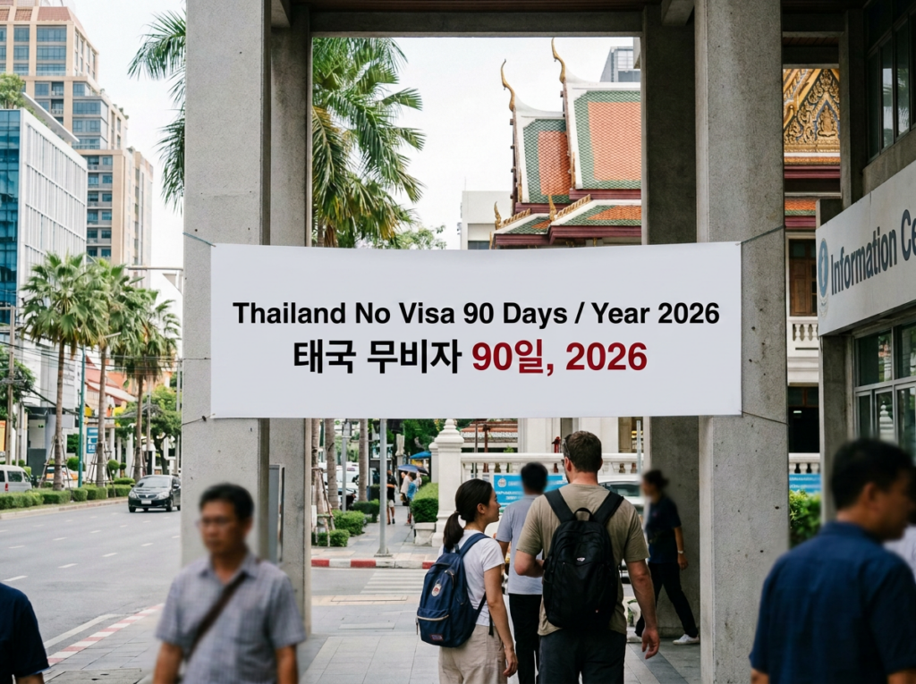 Banner reading 'Thailand No Visa 90 Days / Year 2026' in Korean and English above pedestrians