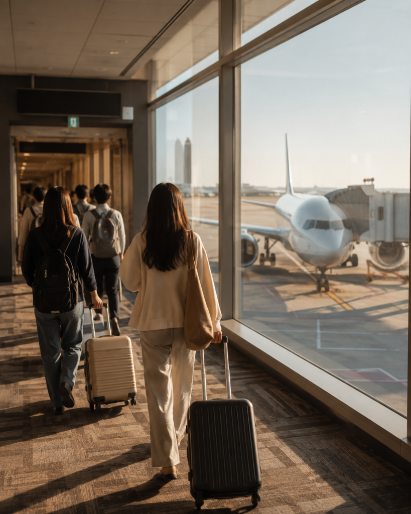 Inside a modern airport departure gate, a wide shot of passengers with carry-on