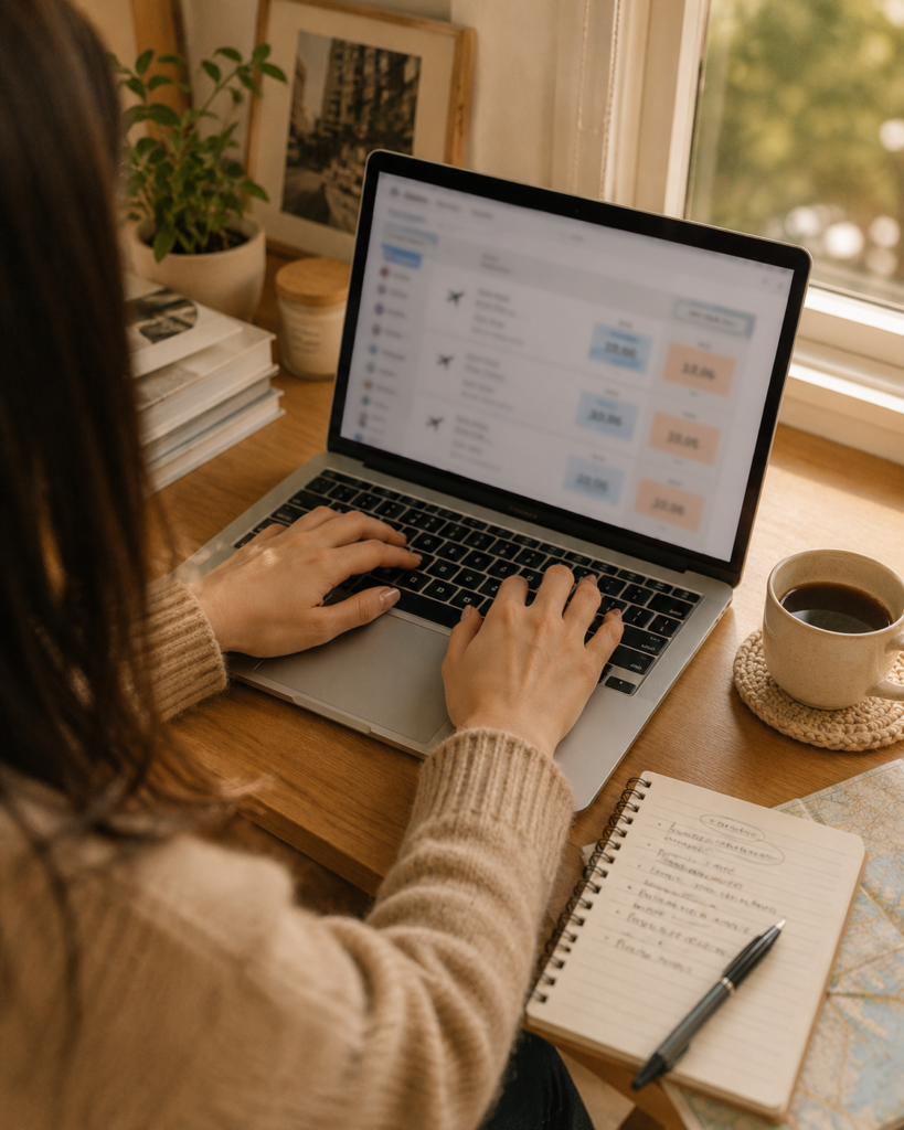 woman's hands typing on a laptop at a cozy home desk, the laptop screen showing a blurred generic flight price comparison