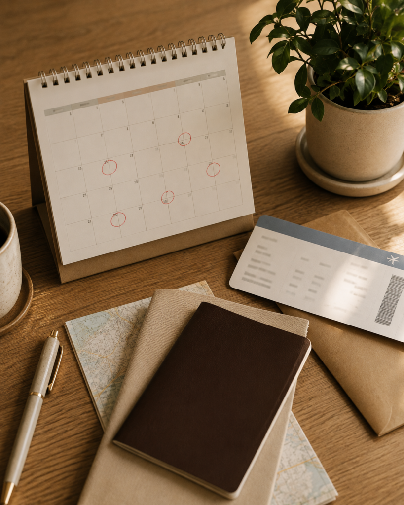 A flat lay of a physical desk calendar with some dates circled in soft red pen, next to a boarding pass mockup, a passport, and a small potted plant