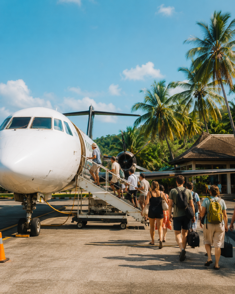 A small regional passenger aircraft parked on the tarmac at a tropical island airport,
passengers walking up mobile boarding stairs in warm bright daylight