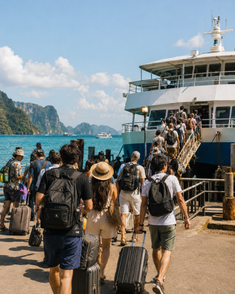 A busy ferry pier in southern Thailand, passengers with backpacks and rolling
suitcases boarding a large passenger ferry, ocean water and distant green islands
visible in the background,