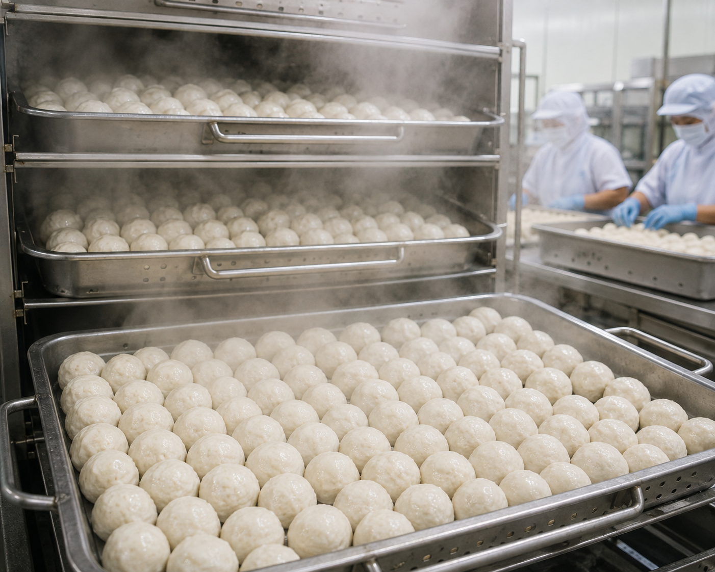 Thai fishball steaming process factory production, white fish balls steamed in commercial steamer, clean food processing facility, no oil frying