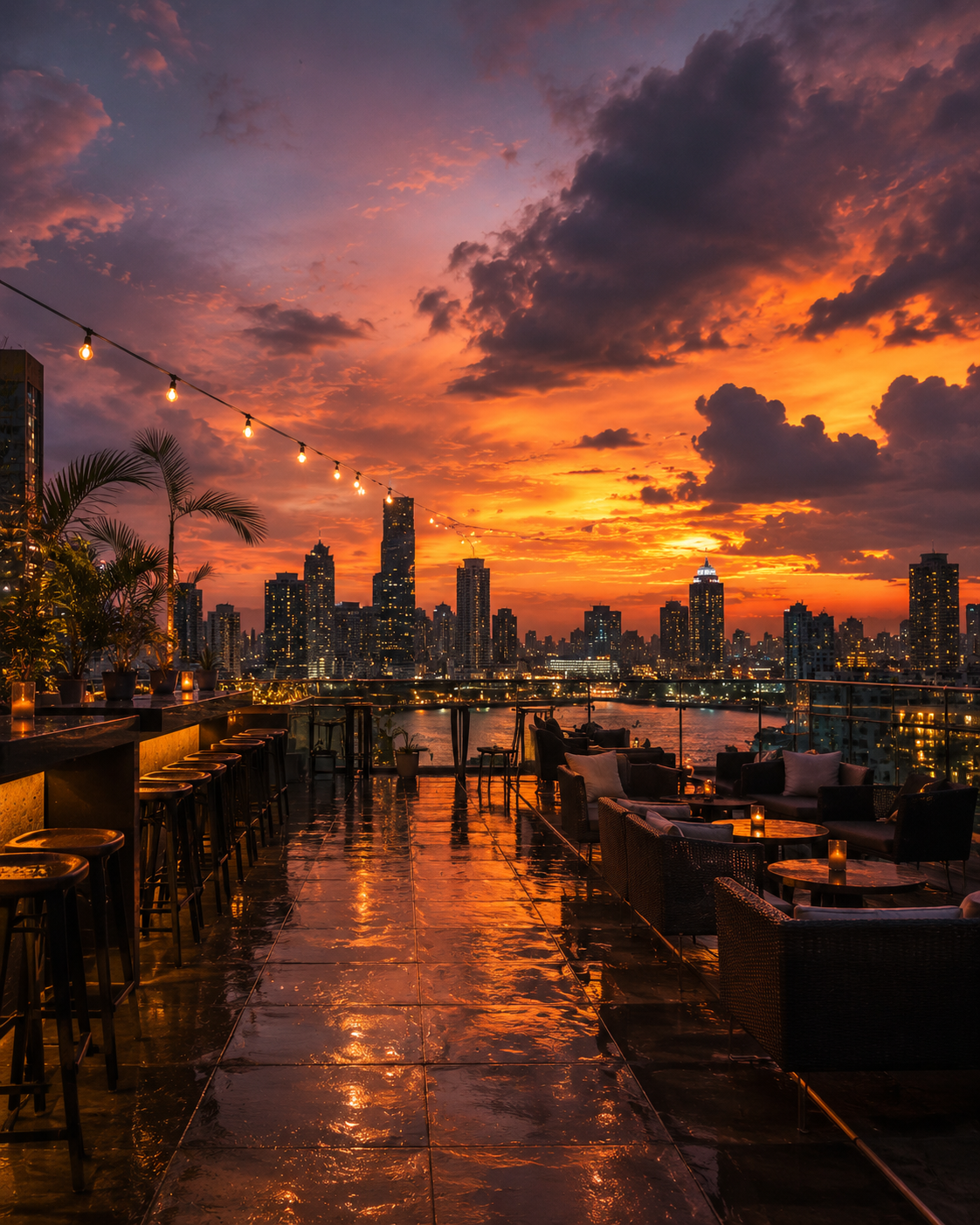 A rooftop bar terrace in Bangkok just after rain has stopped, wet reflective floor tiles catching the last warm sunset light, dramatic orange and purple sky with clearing storm clouds, the city skyline glittering with lights in the distance