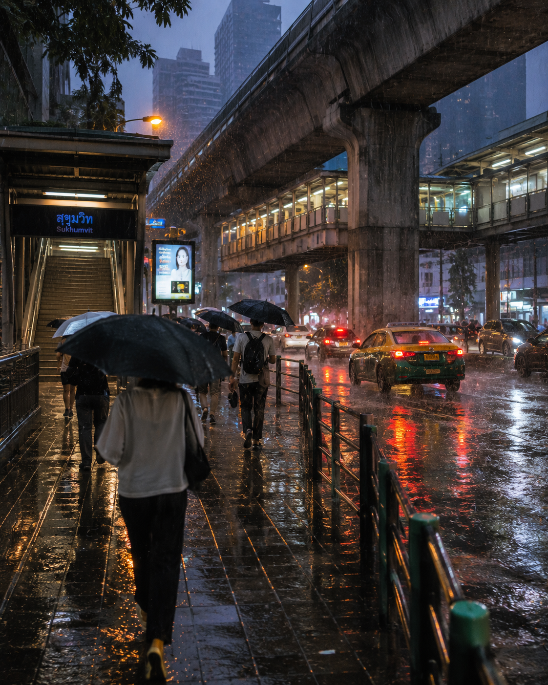 Bangkok Sukhumvit BTS station rainy season, heavy rain on street, people with umbrellas walking under elevated BTS track, moody urban atmosphere