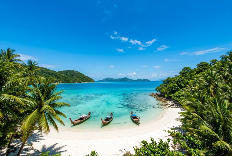 A breathtaking aerial-adjacent view of a tropical Thai island coastline, Koh Samui,