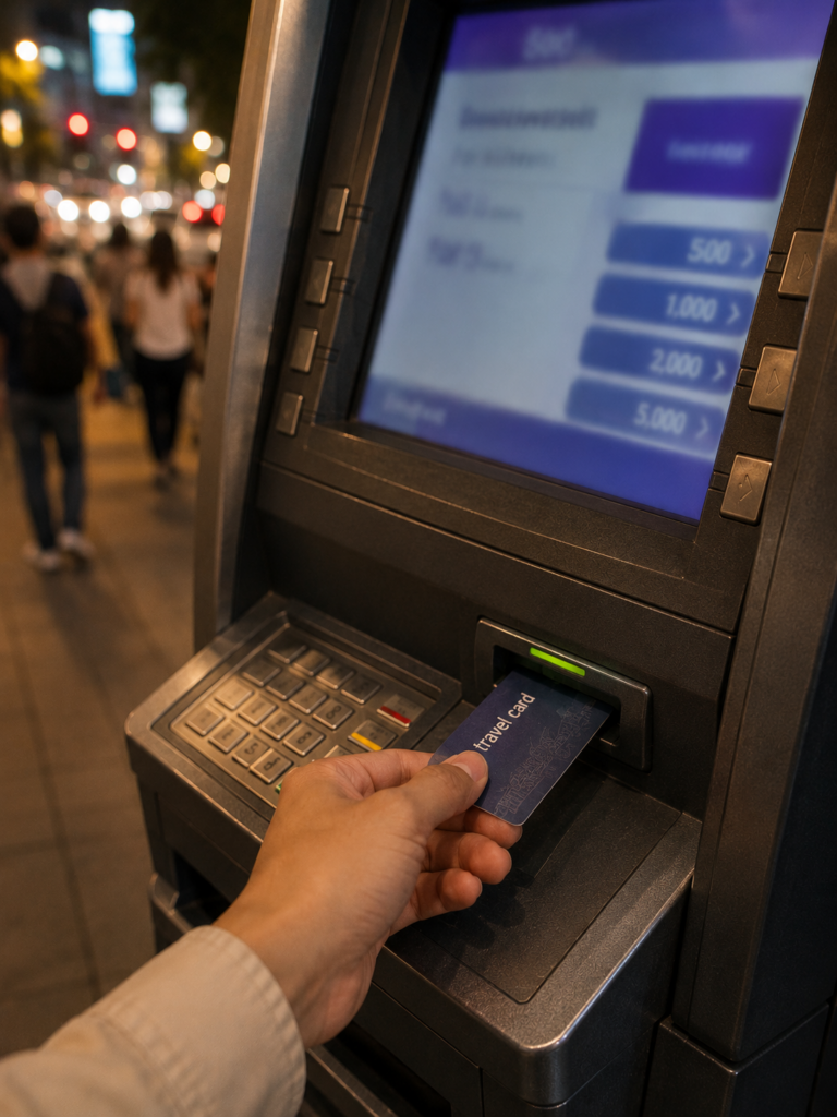 a hand inserting a bank card into an ATM machine slot on a busy