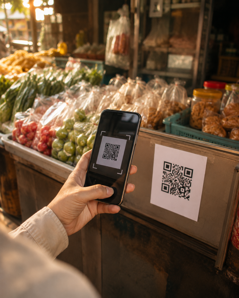 A small local Thai street stall, close-up over-the-shoulder view of a customer's hand holding a smartphone displaying a generic QR code payment screen with a scan frame