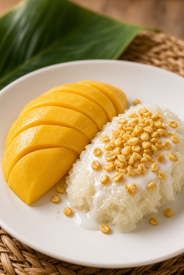 Thai mango sticky rice (khao niew mamuang) served on a white
ceramic plate,