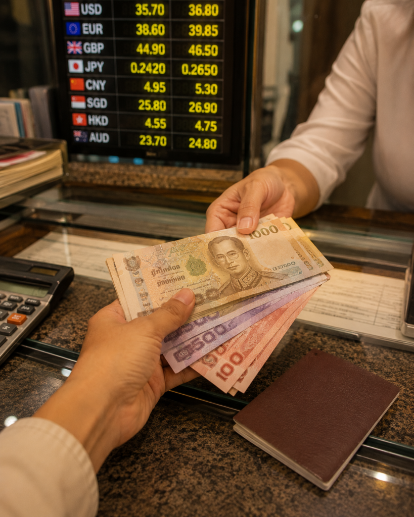 A currency exchange booth counter in Bangkok