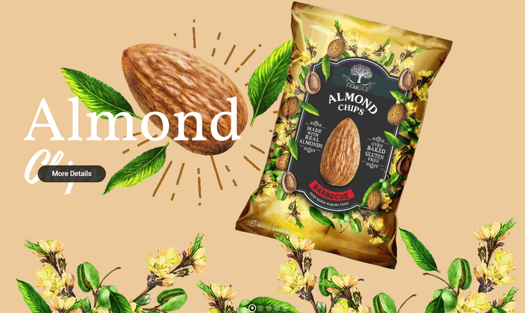 Temole Almond Chips promotional image featuring a bag of barbecue-flavored almond chips, a whole almond with green leaves, and yellow almond blossoms on a warm beige background.