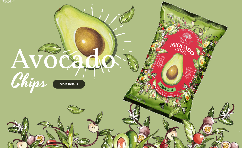 Avocado chips promotional image featuring a green Temole Avocado Chips package with tomato salsa flavor, surrounded by illustrated avocados, leaves, and colorful botanical elements on a soft green background.